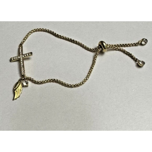 Gold Tone Adjustable Slider Bracelet CZ Cross Angel Wing and Crystal Charms - Picture 1 of 6